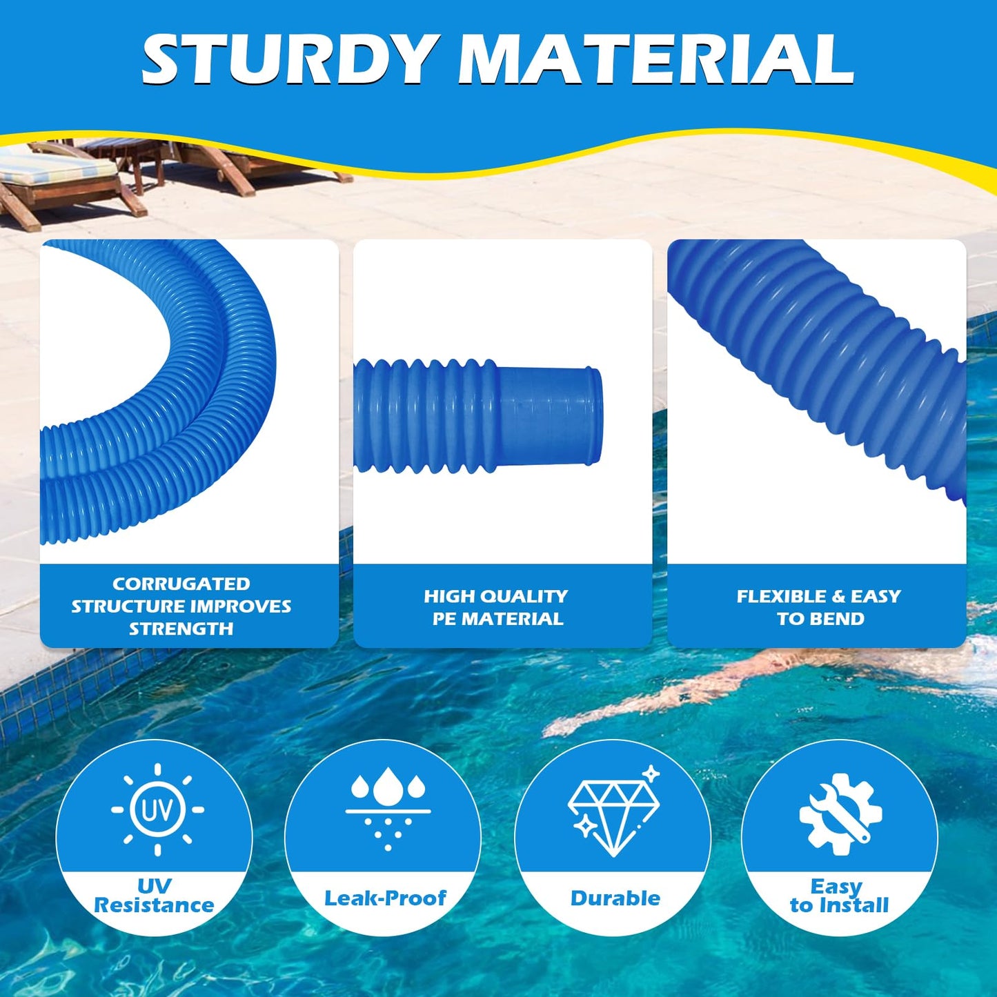 2 Pcs 1.25" Pool Hose, 59" Long Accessory Pool Pump Replacement Hoses, Compatible with All Above Ground Pool Filter Pumps that Use 1 1/4 Diameter Hoses