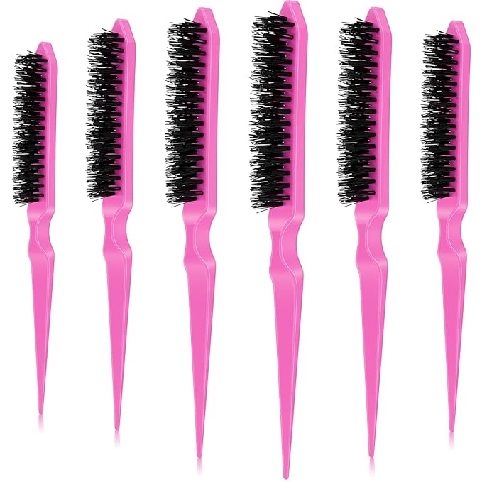Yaomiao 6 Pcs Teasing Brush for Fine Hair Nylon Rat Tail Brush Set Women Three Row Salon Teasing Set for Back Combing, Root Hair Scalp Massage(Pink)