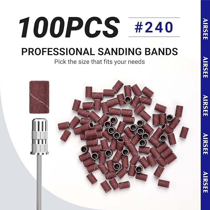 AIRSEE Sanding Bands for Electric Nail Drill 100 Piece Set 240 Grit Fine Acrylic File Attachments Professional Sander 1 Mandrel Bit Beauty Salon Accessories Manicure and Pedicure Finger Callus Brown