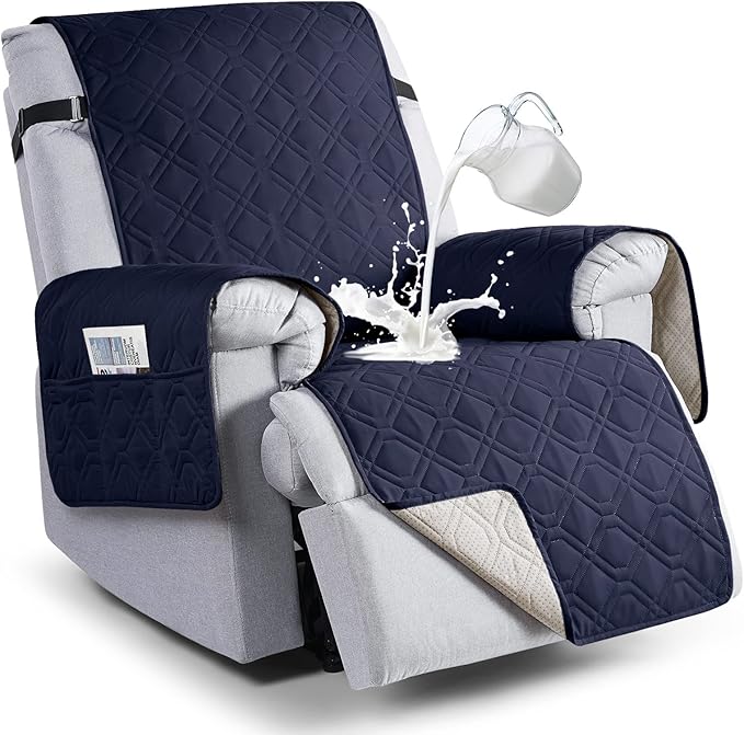 VANSOFY 100% Waterproof Recliner Chair Covers, Recliner Cover Non-Slip Dog Chair Cover Furniture Protector Washable Slipcover with Pocket, Elastic Straps for Pets, Dogs(Dark Blue, 25")