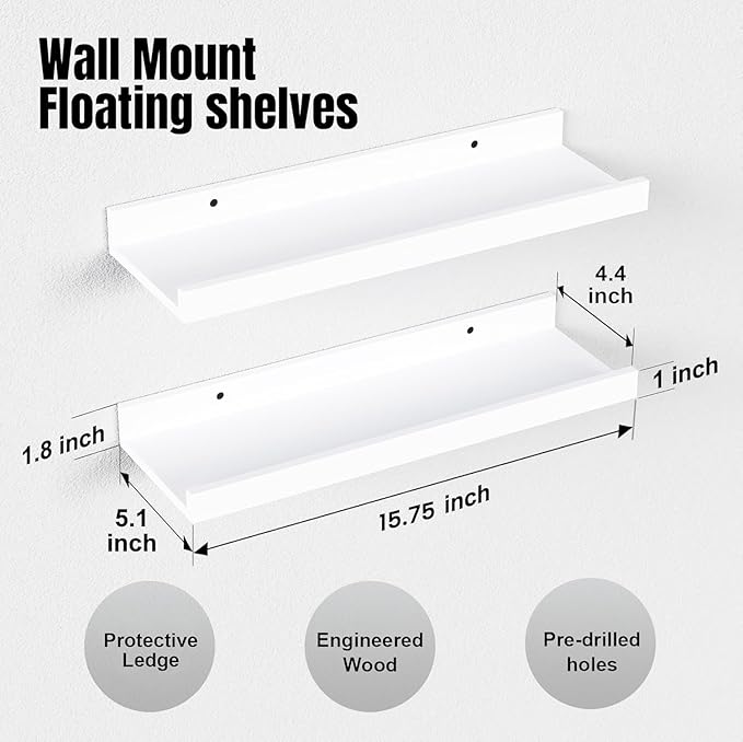 RICHER HOUSE 8 Set Floating Wall Mounted Shelves, Nursery Hanging Book Shelves with Lip for Storage, White Display Picture Ledge Shelf for Bedroom Bathroom Kitchen Living Room Wall Decor, Modern White