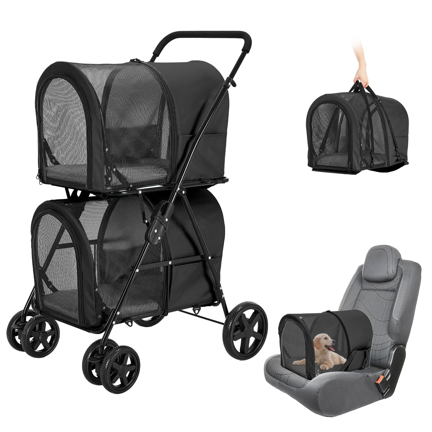 LPOTIUS Double Pet Stroller for Dogs and Cats with 2 Detachable Carrier, Quick-Folding Dog Stroller for Medium Small Dogs Cats, 4 Wheels, Black