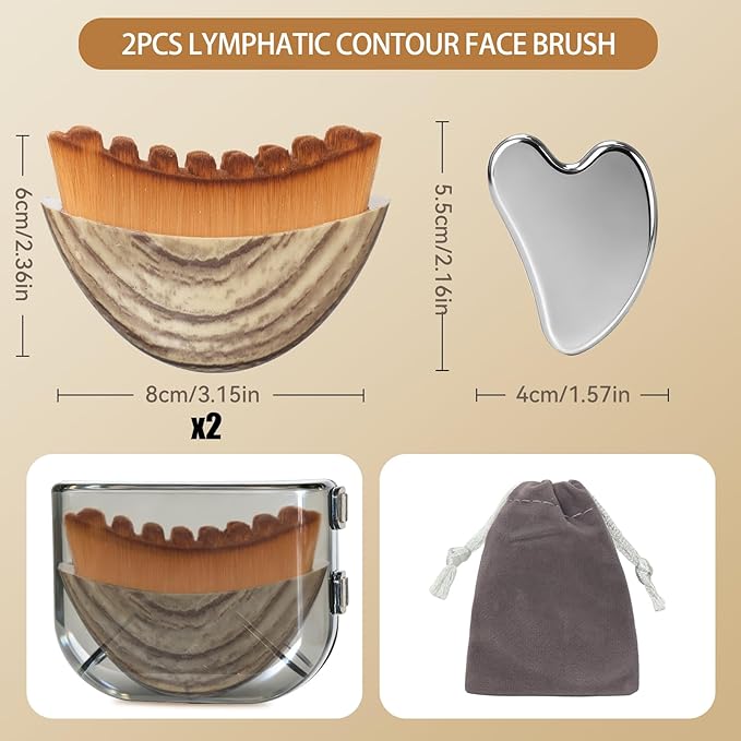 2PCS Lymphatic Contour Face Brush & Stainless Steel Gua Sha Tool Set, for Face and Neck Massage gua sha, Jawline Puffiness, Lifting, Relaxation, Lymphatic Drainage