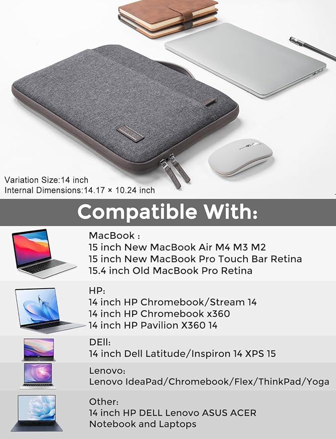 DOMISO 14 inch Laptop Case Sleeve Protective Cover Compatible with 15 inch MacBook Air M4 M3 M2,MacBook Pro,14-15 inch HP Dell ASUS Lenovo Chromebook,Waterproof Computer Cases Bag,Dark Grey