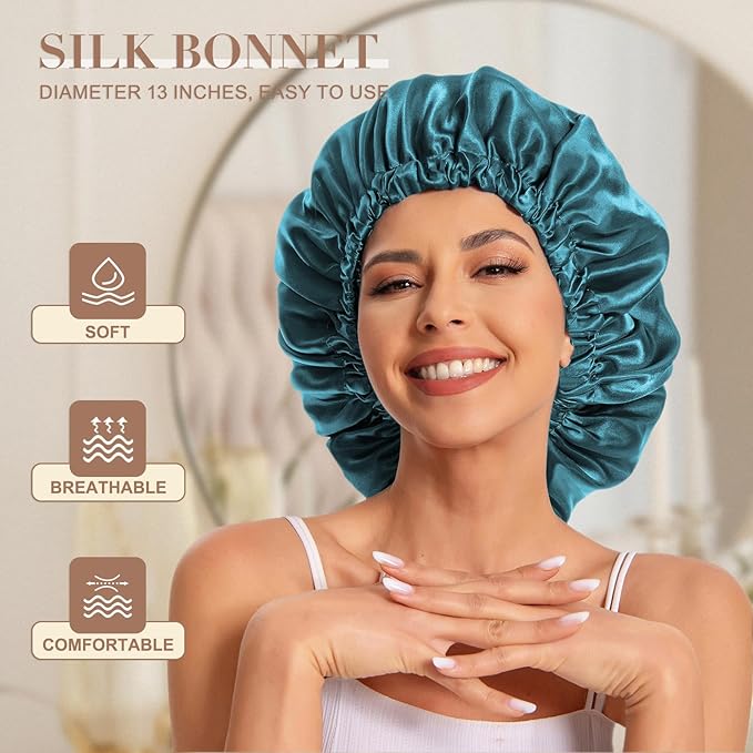 Satin Bonnet Silk Bonnet Hair Bonnet for Sleeping-Slouchy Beanie Hat Satin Sleep Cap for Women's Natural & Curly Hair(2Pcs Blue Zircon)