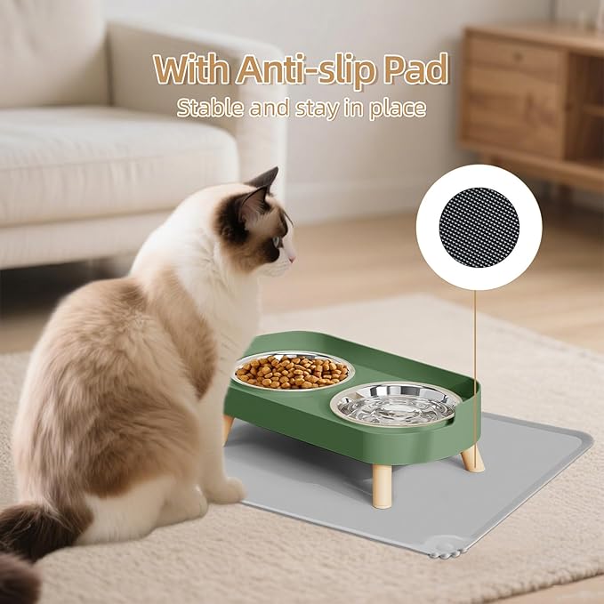 Elevated Cat Bowl with Food Mat, Raised Cat Food and Water Bowl Set for Indoor Cats, Splash Proof with 2 Stainless Steel Pet Food Bowls for Cats and Puppies,Whisker Fatigue and Dishwasher Safe (Green)