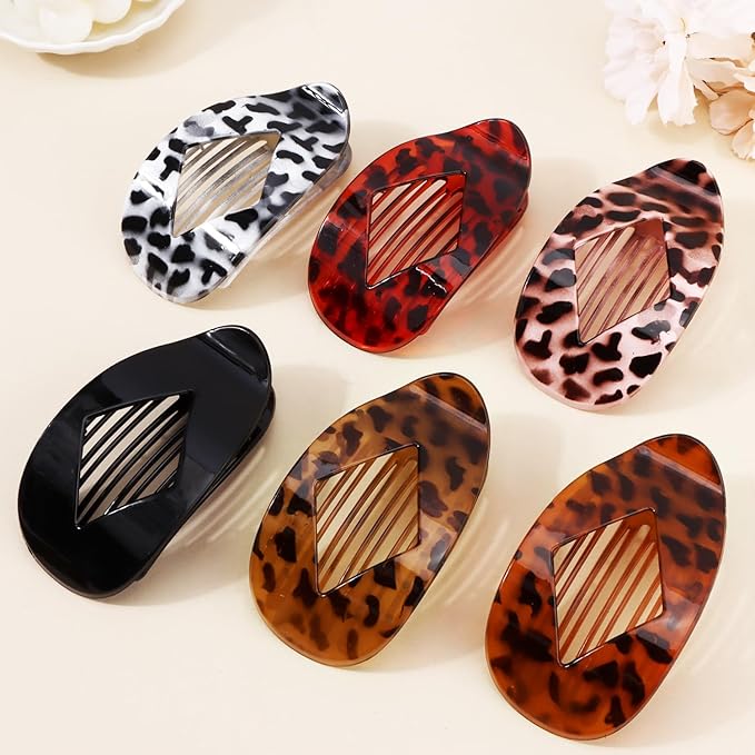 Large Flat Round Hair Clips Oval Claw Clips for Thick Medium Thin Hair 6Pcs Non Slip Strong Hold Barrettes Duckbill Accessories for Women Girls Leopard Tortoise Shell Color