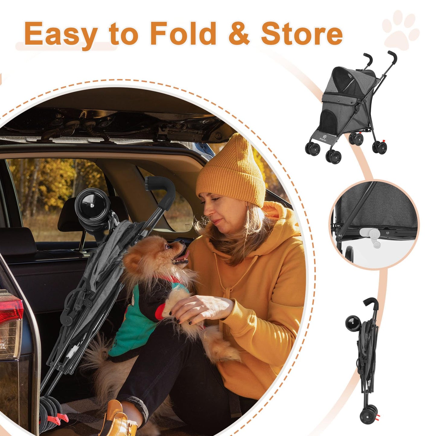 Wedyvko Travel Portable Dog Stroller, Pet Stroller for Small Puppy Dogs & Cats, Up to 33 lbs, Dark Grey