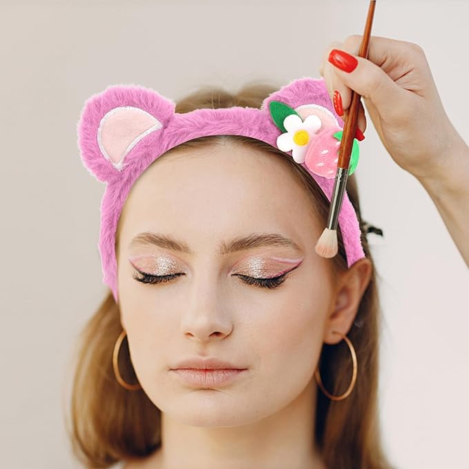 CAVETEE Hairband, 3 Piece Pink Bear Ears Makeup Headband for Women, Spa Cosmetic Elastic Headband and Wristband Set for Women Girl Wash Face Skincare Makeup Shower Spa