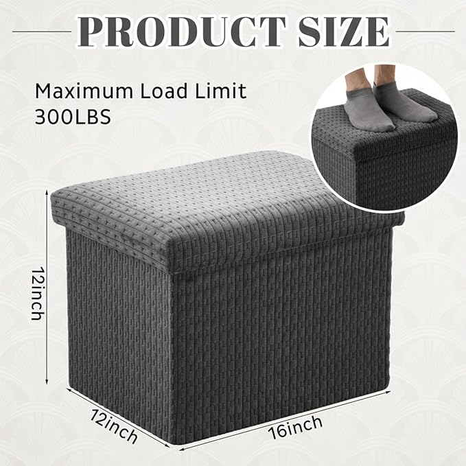 Thyle Storage Ottoman with Lid, Foldable Foot Rest Stool with Hidden Storage, Corduroy Ottoman for Living Room Bedroom Dorm Under Desk, 16x12x12 Inch(Grey)