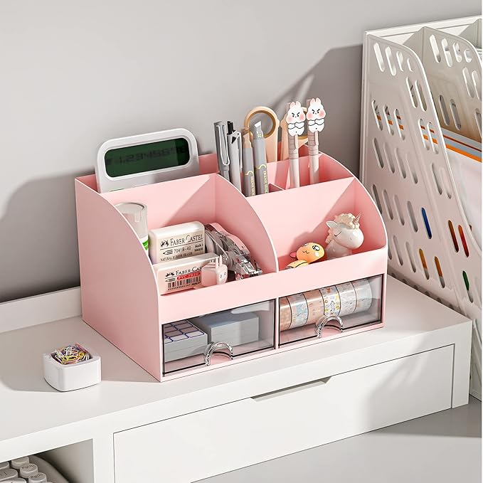 Desk Organizer with 6 Compartments and 2 Drawers, Plastic Makeup Organizer, Pen Holder for Desktop Storage, Desk Organization for School, Home, Office Supplies Pink-2Pack