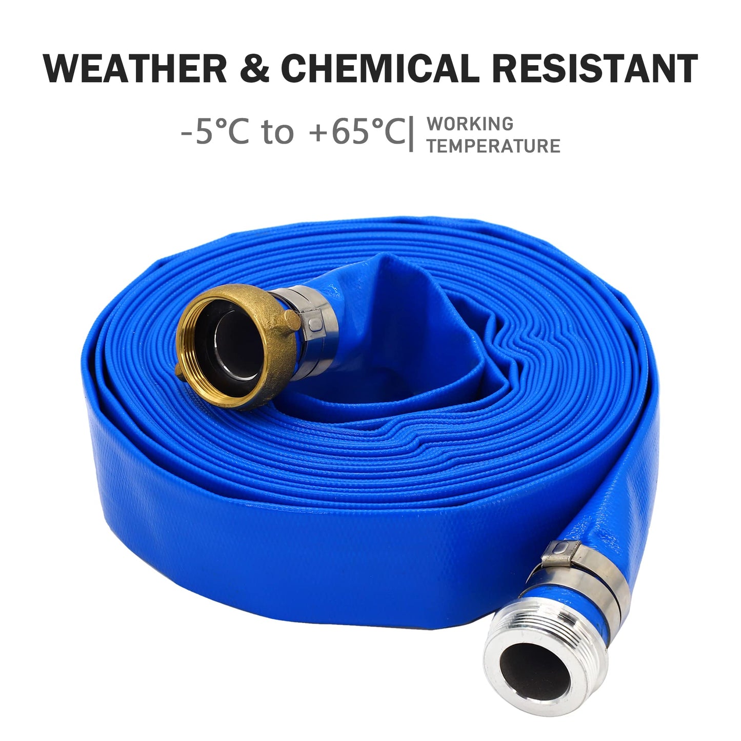 DAVCO 2" ID × 50 ft Pool Backwash Hose, Heavy Duty Reinforced Blue PVC Lay Flat Water Discharge Pump Hoses For Swimming Drain Pools and Clean Filters, With Aluminum Pin Lug Fittings