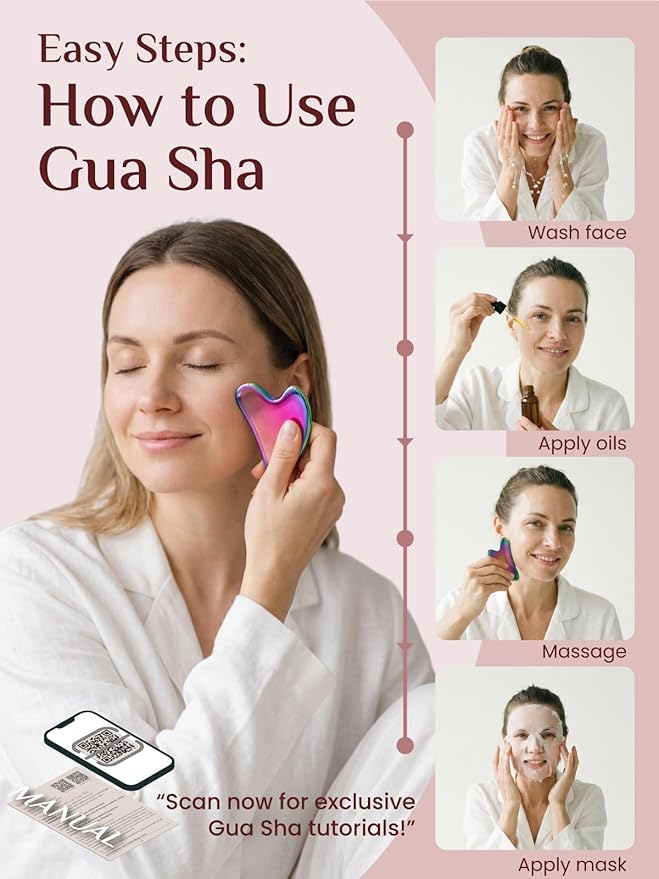 Rena Chris Gua Sha Facial Tools, Stainless Steel Guasha Tool for Acupuncture, Manual Massage Tool for Jawline Sculpting and Puffiness Reducing, Gua Sha Facial Massage Tool (Irridescent)