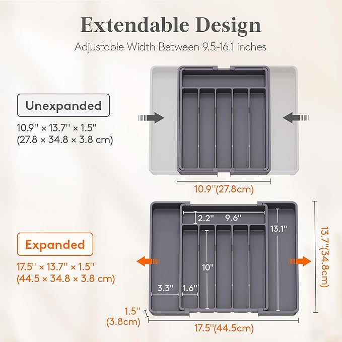 Lifewit Silverware Drawer Organizer, Expandable Utensil Tray for Kitchen, BPA Free Flatware and Cutlery Holder, Adjustable Plastic Storage for Spoons Forks Knives, 10.9"-17.5" x 13.7", Dark Grey