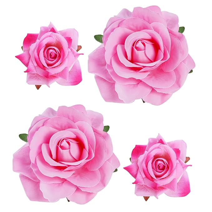 Rose Hair Clip Flower Hairpin Brooch Floral Clips, 4 Pcs Fabric Rose Flowers Hair Clips Mexican Hair Flowers Pin up Headpieces for Woman Girl Wedding Party Mother's Day (2 Sizes) (Pink)