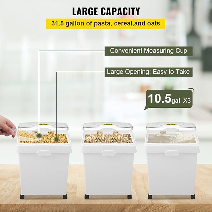 VEVOR Ingredient Bin, 10.5 Gallons Capacity Ingredient Storage Bin, PP Material Flour Bins On Wheels, White Shelf Ingredient Bin with Scoop and Sliding Lid, Commercial Storage Bins 3 Pcs/Set