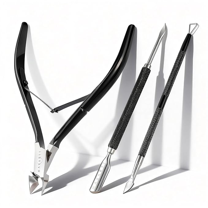 Makartt Cuticle Trimmer Set: Professional Cuticle Nipper and 2 Cuticle Pushers, Stainless Steel Manicure Tools for Nail Care and Prep, 7mm Precision Jaw, Ergonomic, Washable and Portable (Black)