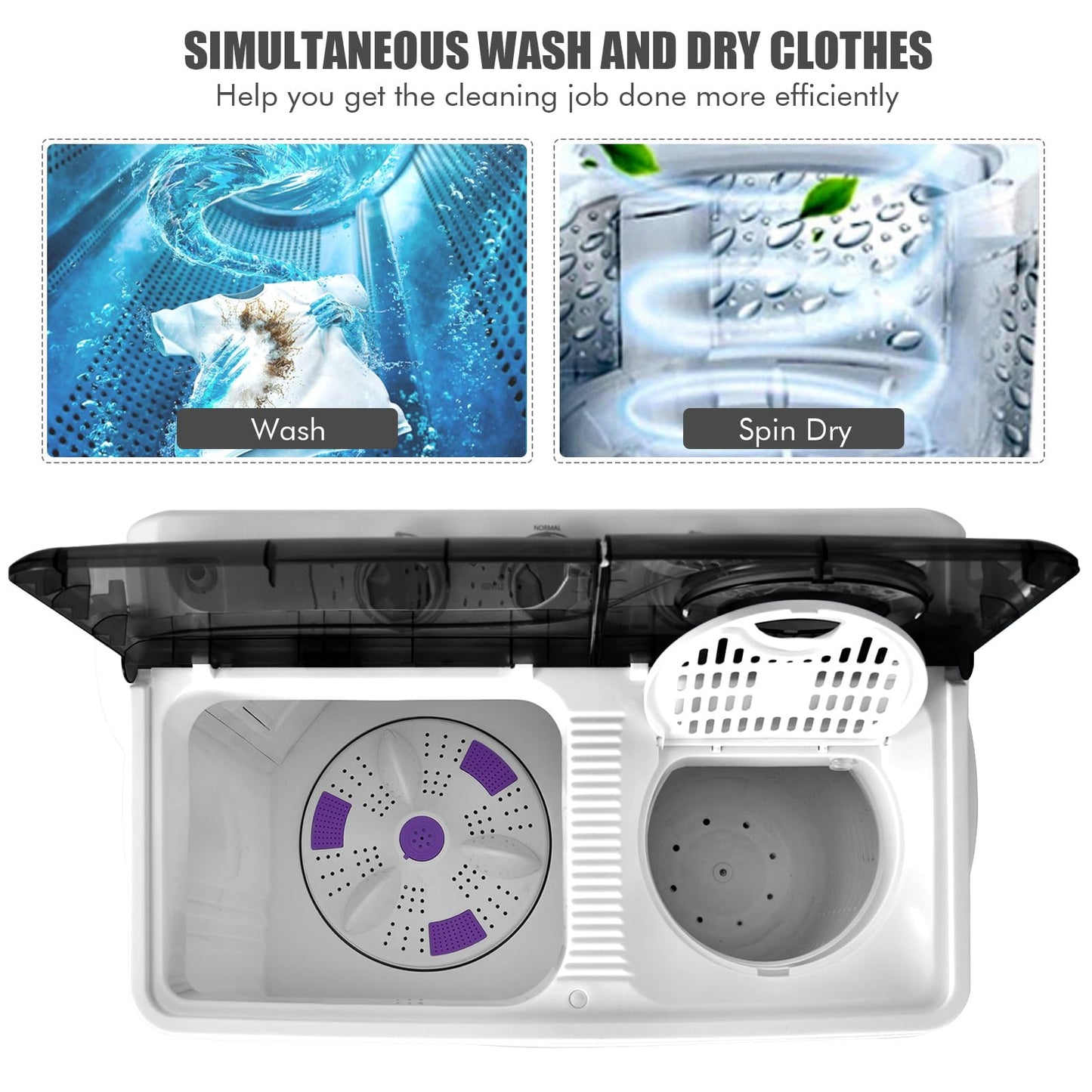 COSTWAY Portable Washing Machine, 2-in-1 Twin Tub 26lbs Capacity Laundry Washer(18lbs) and Spinner(8lbs) with Control Knobs, Timer Function, Drain Pump, Perfect for Home Apartment RV, Black