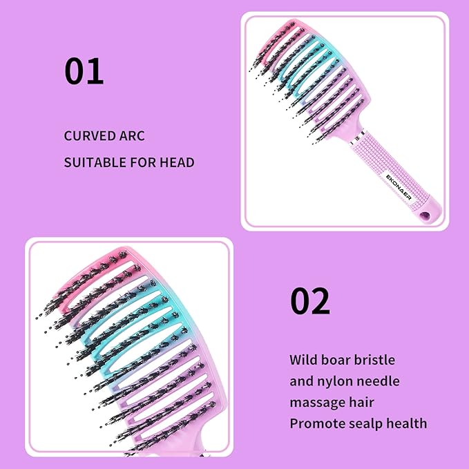 Detangling Brush Boar Bristles Hair Brush for Adult & Kids Wet or Dry Hair,Curved and Vented Detangler Brush - Adds Shine and Makes Hair Smooth(Pink)