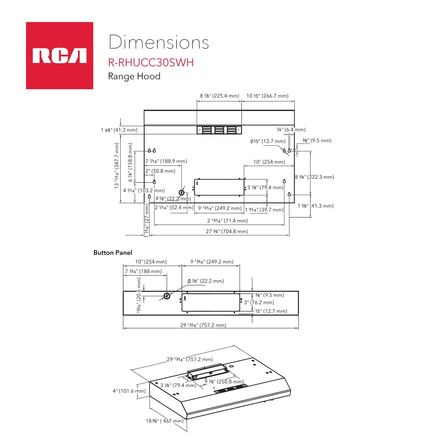 RCA R-RHUCC30SWH 30 in. Century Collection Ductless Under Cabinet Range Hood, Reusable Filter, Rocker Switch, Light, White
