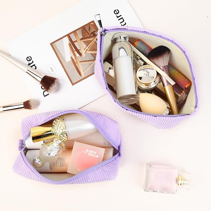 SOIDRAM 2 Pcs Corduroy Makeup Bag Large Cosmetic Bag Toiletry Bag Makeup Pouch Travel Bag Organizer Cute Makeup Brushes Aesthetic Accessories Storage Bag for Women Purple