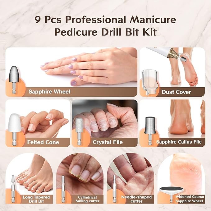 Professional Manicure Pedicure Kit, Electric Nail File Set,15 Speeds Hand Foot Care Tool for Nail Grind Trim Polish, Wider Grinder for Thick Nails, for Men Women Seniors