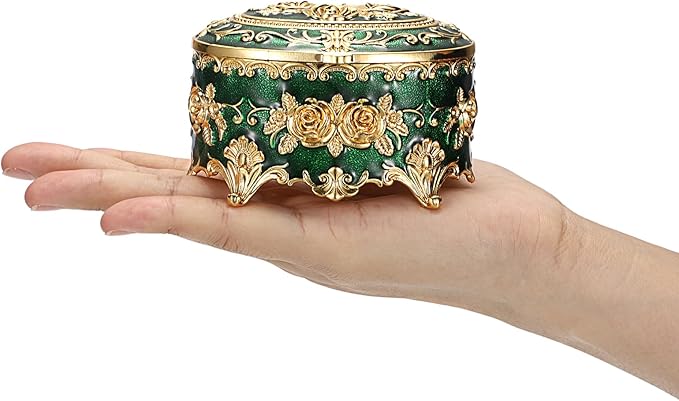 Hipiwe Vintage Jewelry Box Oval Trinket Display Case with Rose Pattern Decorative Green Treasure Box Ring Holder for Women
