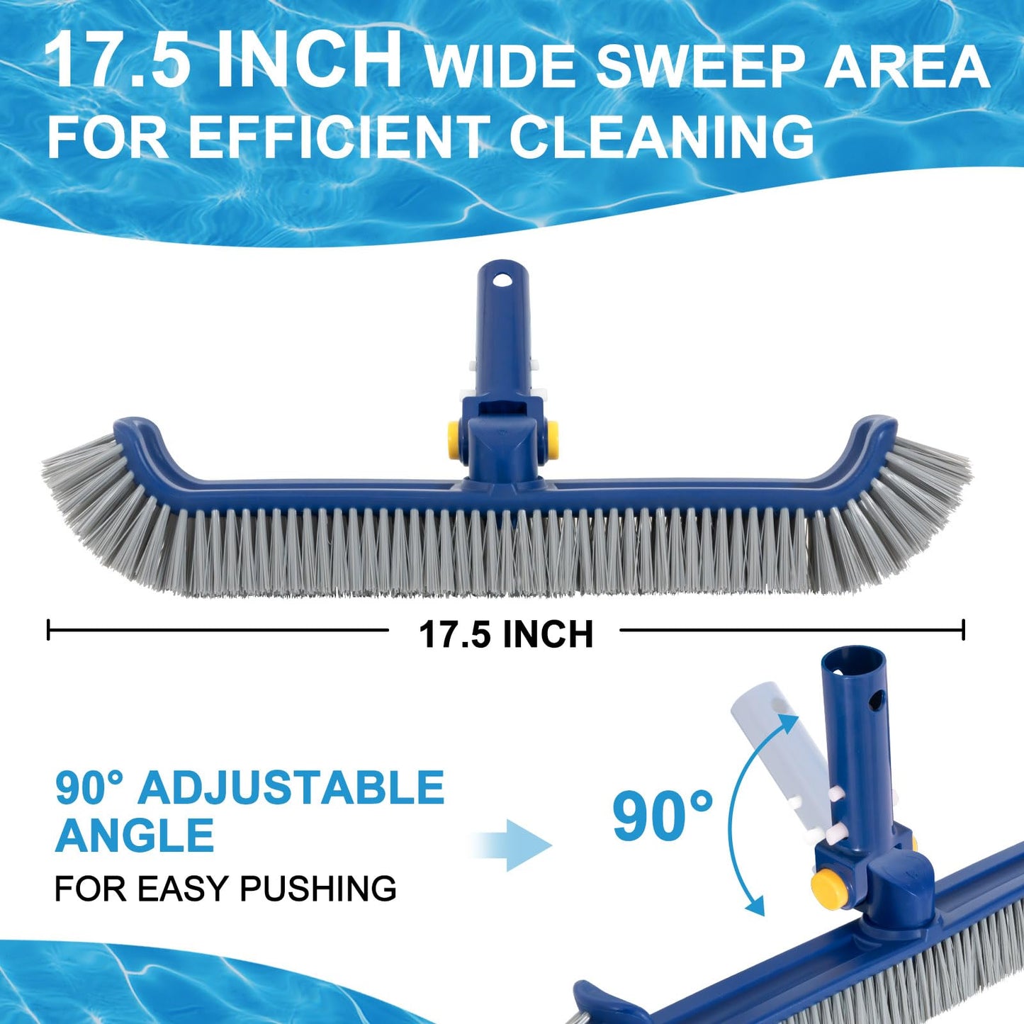 POOLAZA Pool Brush with Rotatable Handle,17.5" Pool Brush Head for Inground Pools, Above-Ground & Vinyl Pools, Heavy-Duty Pool Brushes for Cleaning Pool Walls