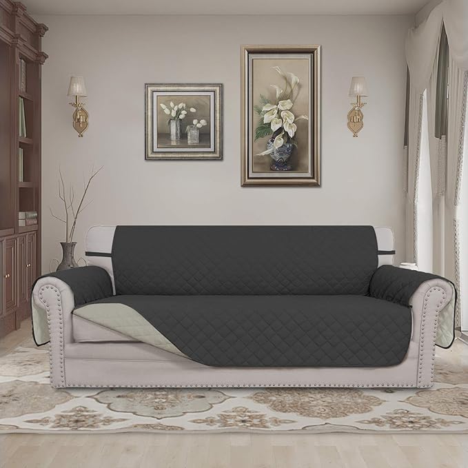 Easy-Going 4 Seater Sofa Slipcover Reversible Sofa Cover Water Resistant Couch Cover with Foam Sticks Elastic Straps Furniture Protector for Pets Children Dog Cat (XX-Large, Darkgray/Beige)