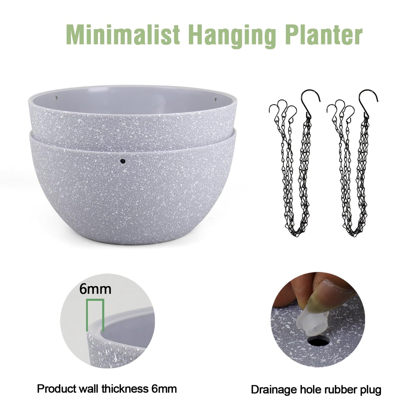 Meowell 10 inch Hanging Planters for Indoor Outdoor Plants, 2 Pack Hanging Flower Pots with Drainage Holes and Chain for Garden Porch, Plastic Hanging Baskets for House Plants, Speckled Grey