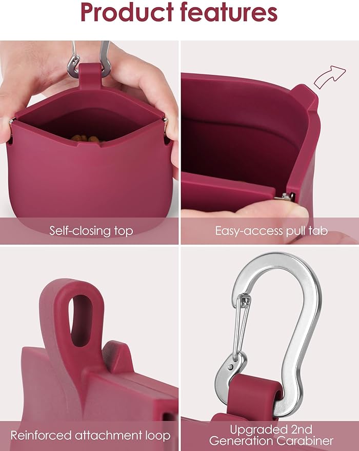 RBibei【One-Hand Access Silicone Dog Treat Pouch, Small Pocket Sized Training Pouch with Pull Tab & Auto Closing Lid for Easy Pet Training & Walking (Red)