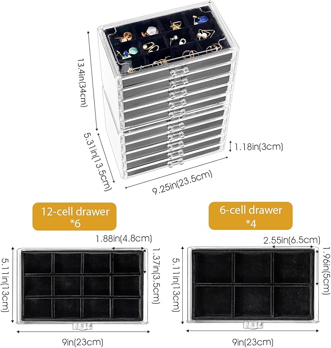 ProCase Earring Holder Organizer Jewelry Box with 10 Drawers, Acrylic Clear Earring Case with Adjustable Velvet Trays for Women - Black,10 Layers