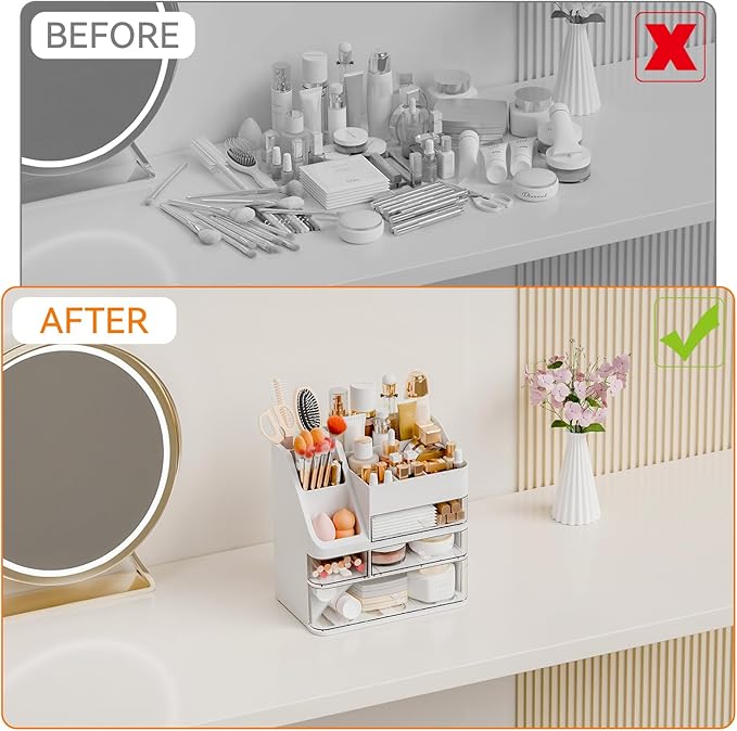 Yieach White Makeup Organizer Countertop With 4 Drawers,Large Cosmetics Storage Organizer for Brush,Hair Products,Plastic Makeup Holders and Beauty Skincare Organizers for Bathroom,Vanity,Dresser Top