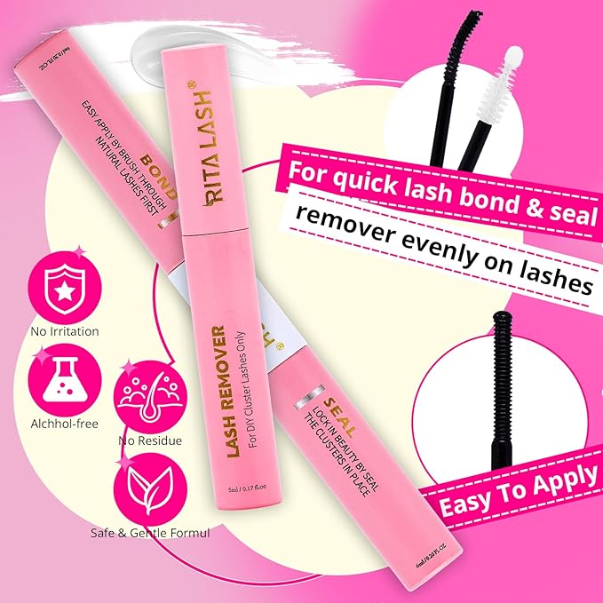 Lash Clusters Kit 3D Effect Volume Lashes Clusters Kit Wispy Cluster Eyelash Extensions D Curl Eyelash Clusters Kit PestaÃÂ±as Postizas Naturales+Bond&Seal,Remover,Tweezers,Brush(150D+200D+Spike Kit)