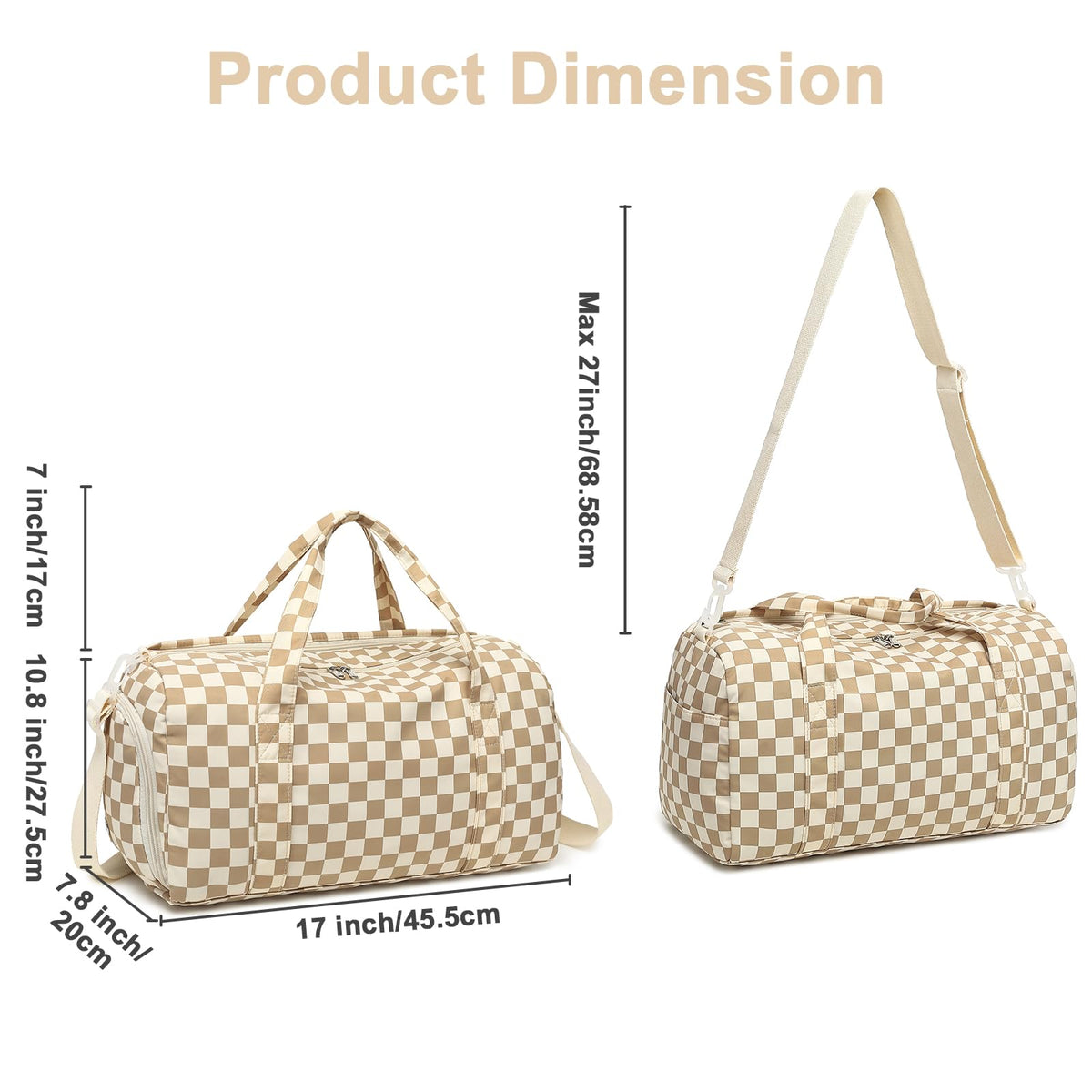 LEDAOU Duffle Bag Girls Kids Cute Dance Bag with Shoe Compartment Gym Bag with Wet Pocket Sports Overnight Travel Workout Bag (Checkered Brown-White)