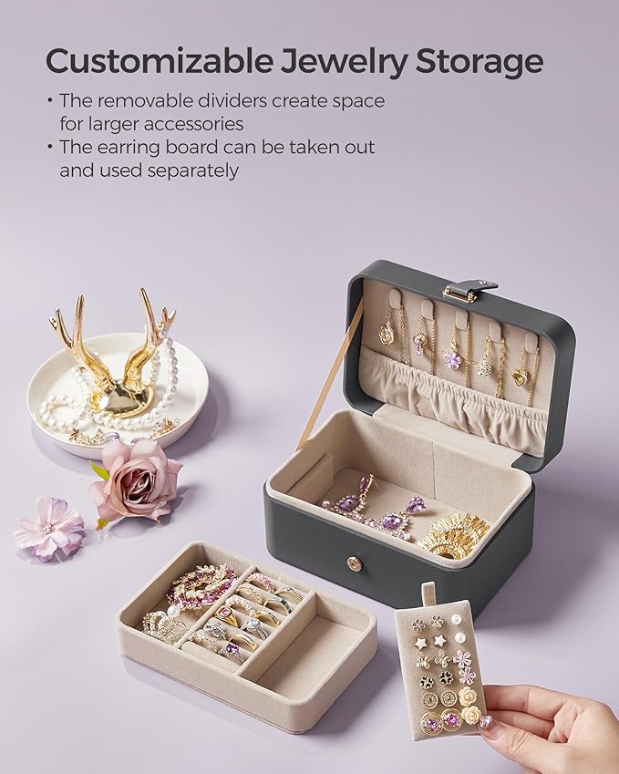 SONGMICS Jewelry Organizer Box, Travel Jewelry Case, 2-Layer Travel Case for Earrings, Necklaces, Bracelets - Portable Jewelry Storage with Large Capacity, Gift Idea, Slate Gray UJBC166G01