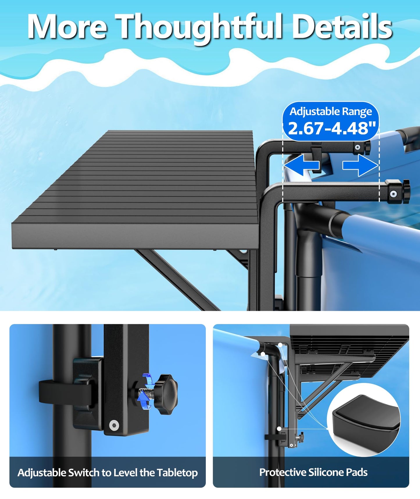 BoYata Pool Bar, Above Ground Pool Side Bar, 49.4×9.6" Galvanized Iron Poolside Table Holds 110LBS, Swim Up Bars Fit Top Rails 4.48" or Less, Frame Above Ground Round & Oval Swimming Pools Accessories