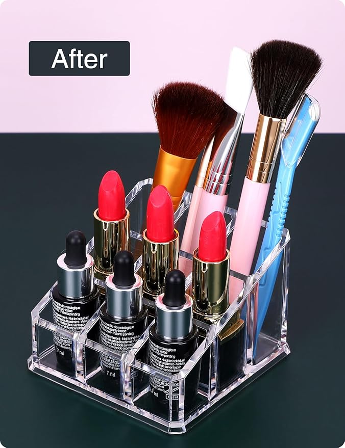 Lipstick Lip Gloss Organizer,Small Clear Acrylic Compact Essential Oil Rollerball Perfume Holder with 9 Slots
