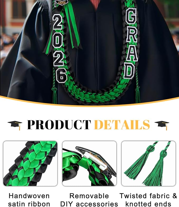 ALKB 2026 Graduation Lei Set - Two-Tone Braided Ribbon with Honor Cord, Unisex Graduation Gift for Graduates, Polyester