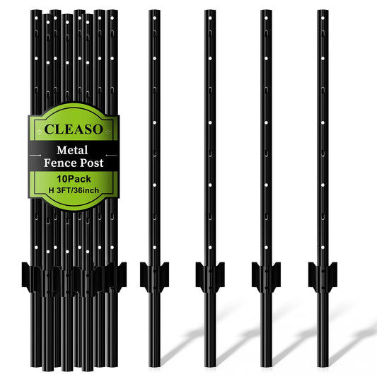 10 Pack Metal Fence Posts, 3ft Heavy Duty U-Post, Black Garden Stakes, No-Dig Post Anchors for Wire Fences, Temporary Fencing, Electric Fence, and Corner Support
