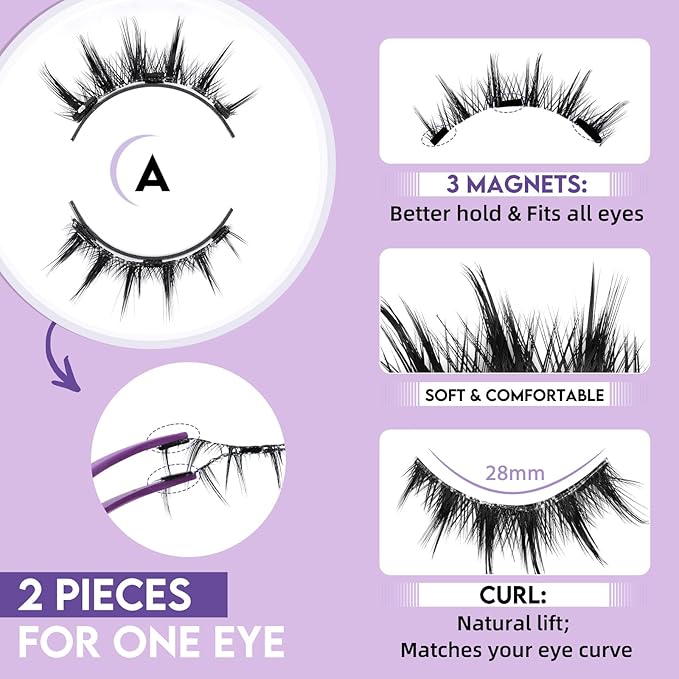 B&Q Magnetic Eyelashes Natural Look 2 Pair Magnetic Lashes with Applicator Upgrade Soft Magnetic Manga Lashes Clusters Kit Magnetics False Eyelashes 3 Magnet Strips for Strong Hold Easy to Apply(A+B)