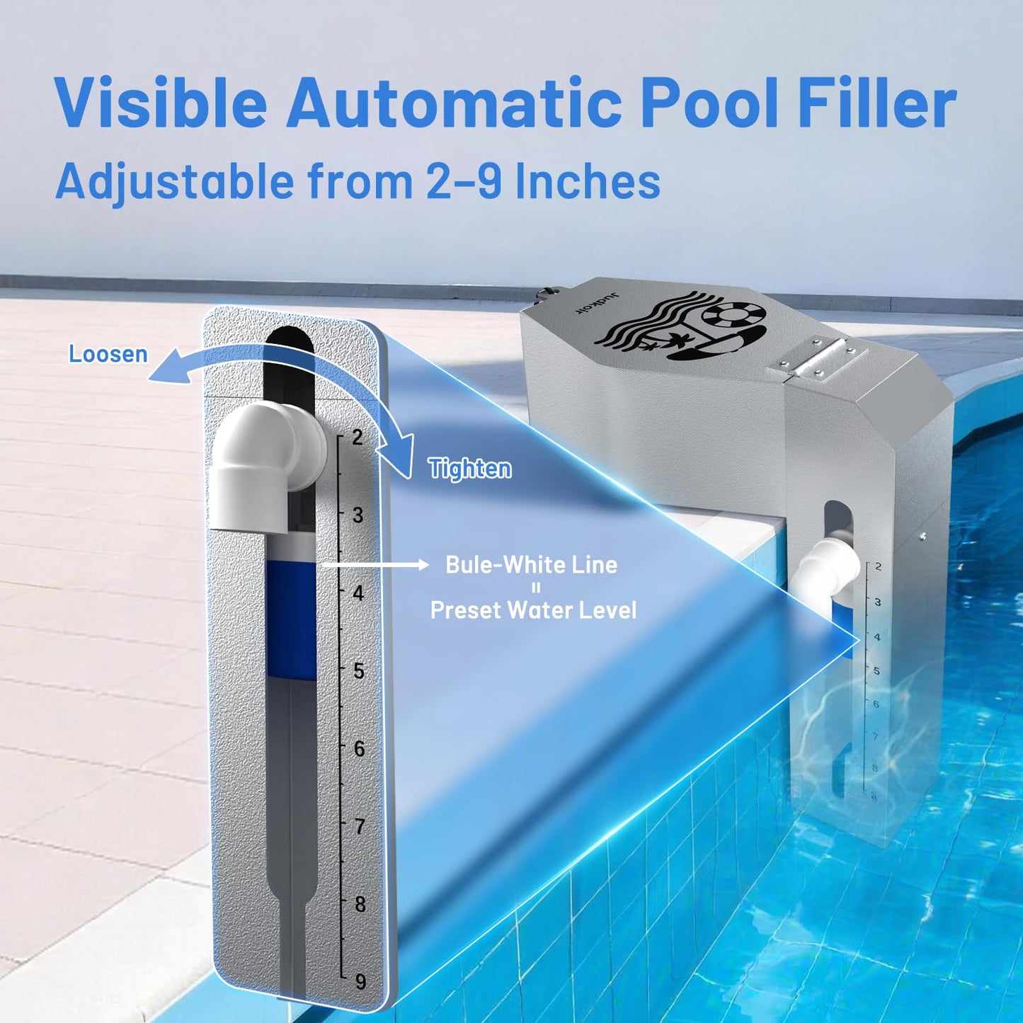 Judkoir Automatic Pool Filler, Metal Construction with Anti-Corrosion Coating, 2 to 9 Inch Visual Water Level Adjustment, Pool Water Leveler Auto Fill, Pool Stuff, Swimming Accessories