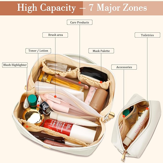 Birthday Gifts for Women Teen Girl, Personalized Initial Makeup Organizer Bag Set, Open Flat Travel Cosmetic Bag With Clear Divider and Handle(Beige,V)