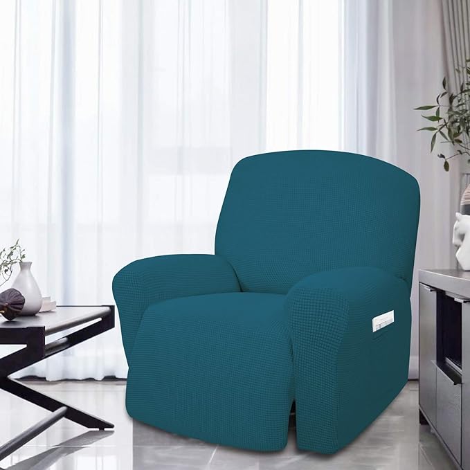 Easy-Going 4 Pieces Oversized Recliner Stretch Sofa Slipcover Sofa Cover Furniture Protector Couch Soft with Elastic Bottom Polyester Spandex Jacquard Fabric Small Checks Peacock Blue,X-Large
