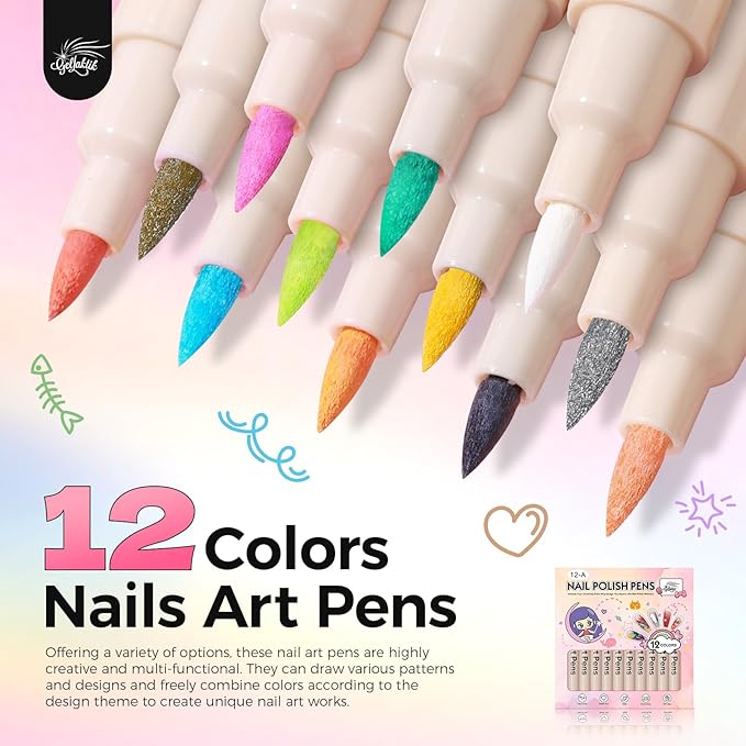12 Colors Nail Art Pens Set, 3D Nail Color Pens, Quick-Drying Acrylic Paint Markers, Dotting Liner Brush for DIY Nail Design, Home & Salon Manicure Tools