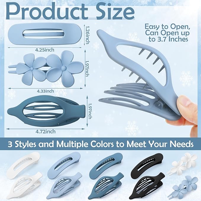10 Pcs French Flat Hair Clips for Women, 3 Styles Blue Flat Claw Clips Strong Hold No Slip Matte Hair Claw Clips for Thin Thick Hair