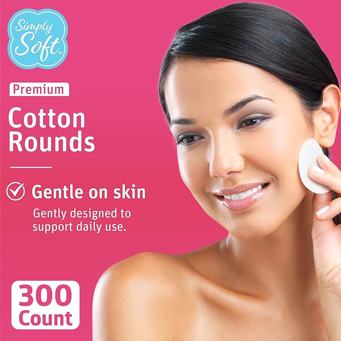 Medline Simply Soft Cotton Rounds (300 Count), 100% Cotton Absorbent and Textured Cotton Pads, Lint-Free
