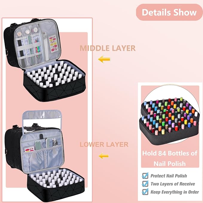 Large Nail Polish Organizer Case Hold 84+ Bottles Nail Polish & Nail Lamp, 3 Layers Nail Organizers and Storage for Nail Tech with Divider, Travel Carrying Case(Black)