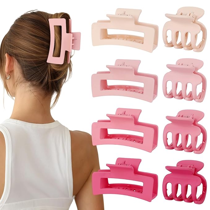 Medium Hair Clips for Women 8 Pcs Small Claw for Thin and Thick Hair 2 Styles Clips for Hair Combination Rectangle Jaw Clips Hair Accessories for Women and Girls (Pink)