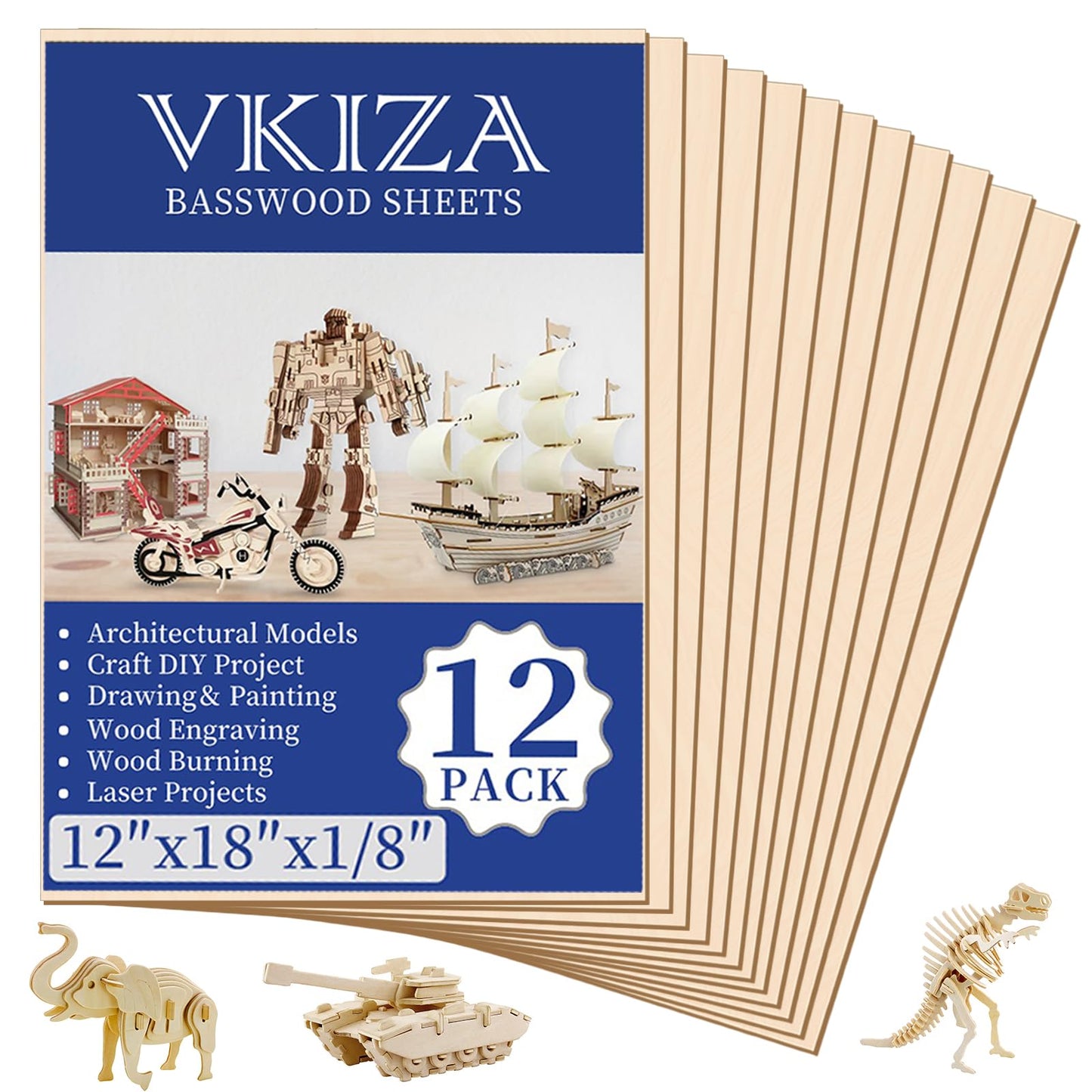 12 Pack Basswood Sheets for Crafts 12 x 18 x 1/8 in, 3mm Thick Unfinished Plywood for Laser Cutting & Engraving, DIY Ornaments and Architectural Model